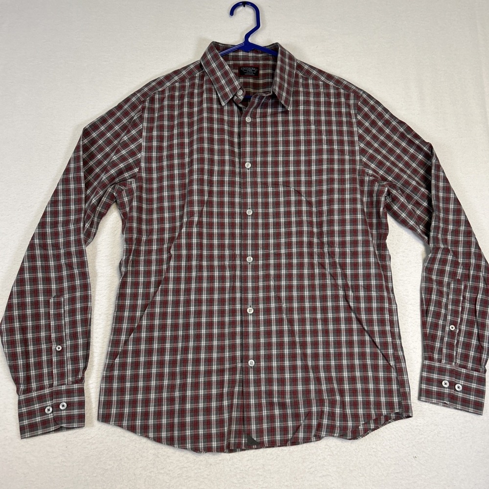 Untuckit Shirt Mens Large Plaid Red Gray Long Sleeve Button Slim Fit No Wrinkle
